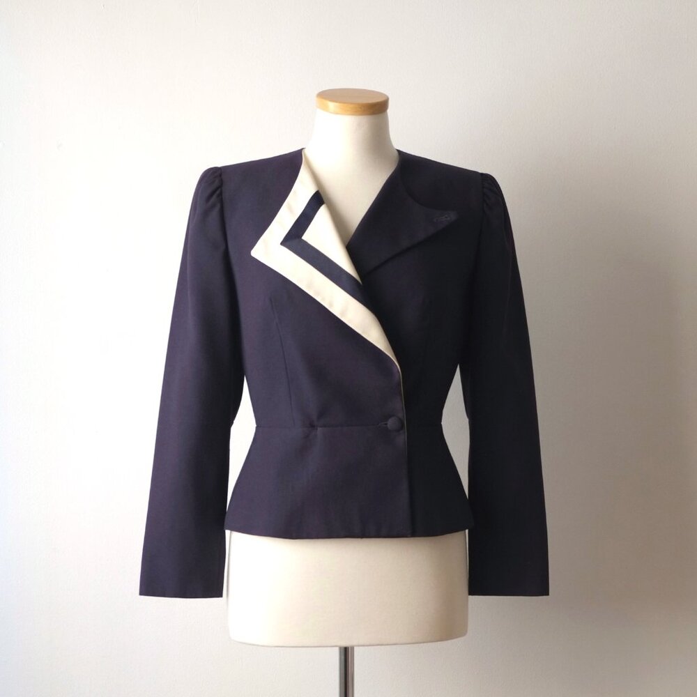Vintage 70's Women's Eric Sands Asymmetrical Geometric Blue Navy Blazer Jacket - Picture 3 of 7